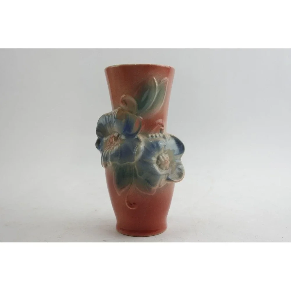 Royal Copley Ceramic Vase Small Pink Blue Floral‎ Embossed Vintage Excellent